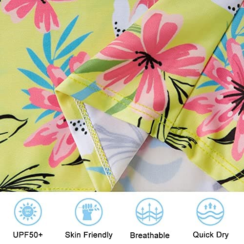 Funnycokid Girls Rash Guard Swimsuit Size 6 Floral Yellow Hawaiian Long Sleeve Bathing Suit 2 Piece Floral Swimwear Rash Guard Set Kid 6-7 Years - Thumbnail 4