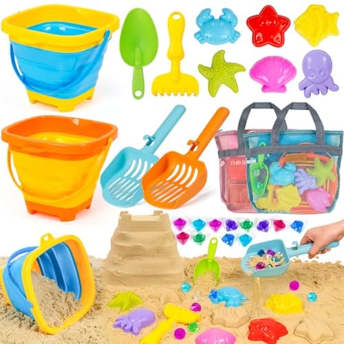 Beach Sand Toy for kids 3-10 Ocean Treasure Hunt Sand Pail Toys with Collapsible Buckets Mesh Bags Shovel Rake Sifters Sand Molds Colorful Gems for Outdoor Sandbox Digging Game, Summer Party Favors - Image 1