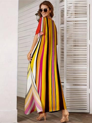 ZIRHYSTA Kaftan Dress for Women Beach Cover Ups, Plus Size V Neck Maxi Swimsuit Coverup, Oversized Caftans for Pool Resort S-XXL (Sunset Stripe) - Thumbnail 3