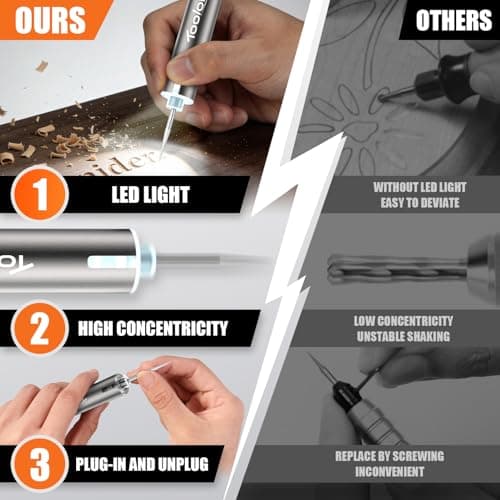 Engraving Pen with LED Light,HollowCup Motor,Cordless USB Rechargeable Rotary Tool for Metal,Wood,Glass and Plastic,DIY Engraving Kit with 30 Bits,Silver - Thumbnail 3