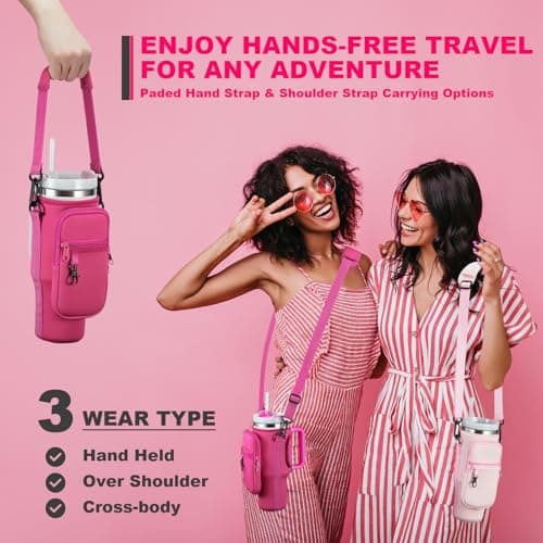 BULKITEM Water Bottle Carrier Bag with Phone Pocket for Pink Stanley 40 oz Tumbler with Handle, Hot Pink Insulated Neoprene Cup Holder Pouch Strap for Valentines Stanley Cup Accessories - Thumbnail 5