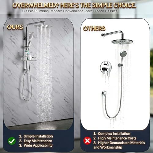 Rain Shower System with 304Stainless Steel Shelf, 12 Inch Rainfall Shower Head System with Handheld Spray, SonTiy Dual Shower Combo with Height Adjustable Holder, Brass Diverter, 1.8 GPM, Chrome - Thumbnail 6