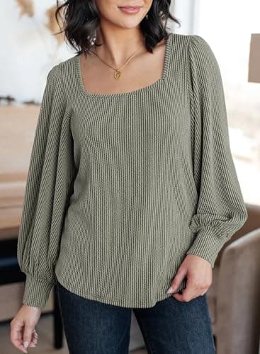 Dokotoo Womens Shirts Fall Casual Long Sleeve Square Neck Solid Pullover Ladies Waffle Striped Knitted Sweatshirt Womens Clothes Autumn Winter Tunic Blouses Green Large - Thumbnail 3