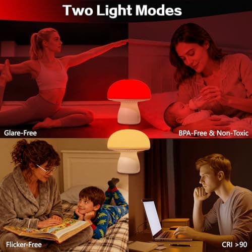PowerTalk 670nm Red Light Lamp for Bedroom Sleep, Dimmable Mushroom Red Night Light with Timer, Remote & Touch Control for Baby Kids Adults - Portable and Rechargeable[2026 Upgrated Red Light Therapy] - Thumbnail 6