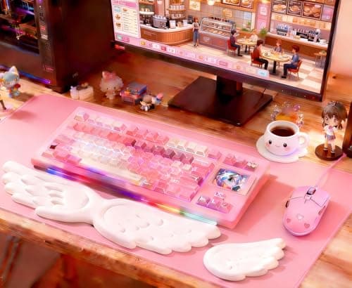 Angel Wing Wrist Rest Ergonomic Memory Foam Wrist Rest for Computer Keyboard Mouse Set with Cup Mat, Cute Gaming Keyboard Cushion Hand Support PU Leather Surface Anti-Slip Waterproof（White） - Thumbnail 6