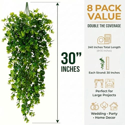 Taiyangxia 8 Pack Artificial Eucalyptus Plants 30 Inches UV Resistant Hanging Vines for Indoor Outdoor Wedding Arch Wall Decor Patio Porch Party Backdrop - Thumbnail 5