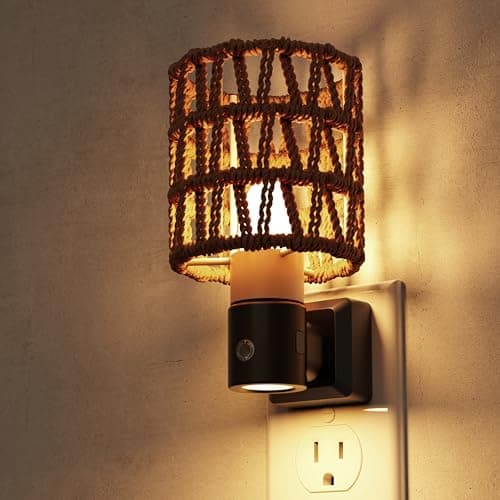 L LOHAS LED Night Lights Plug into Wall, Cylindrical Ironwork Boho Lampshade Decor Night Light, 350° Rotatable Dusk to Dawn Sensor Vintage Nightlight, Dimmable for Bedroom Living Room Hallway