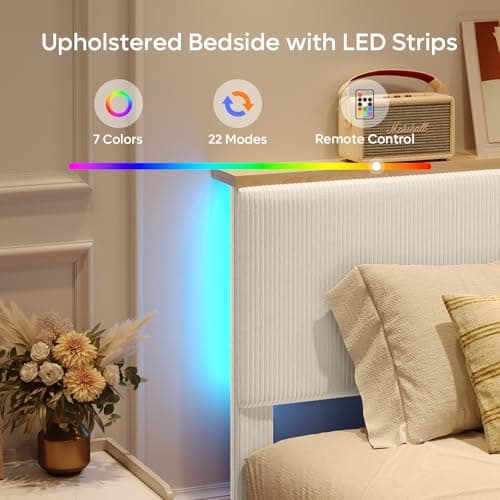 Bestier Queen Bed Frame with Adjustable Headboard & LED Lighting, Corduroy Upholstered Platform Bed Frame with Storage Shelf, Solid Wood Slats, No Box Spring Needed, Never Squeak, Easy Assembly, Beige - Thumbnail 5