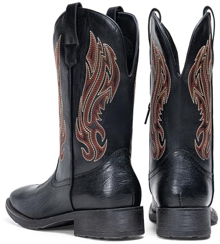 Jousen Cowboy Boots for Men Embroidery Men's Western Boots Retro Square Toe Mens Boot Botas(AMY8420 blackpu 10) - Thumbnail 6