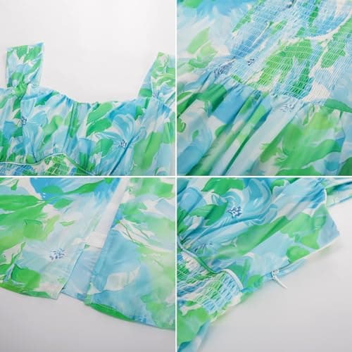 GRACE KARIN Summer Floral Dress for Women 2026,Off the Shoulder Smocked Bridesmaid Dresses,Formal Baby Shower Maxi Dresses Blue Green L - Thumbnail 5