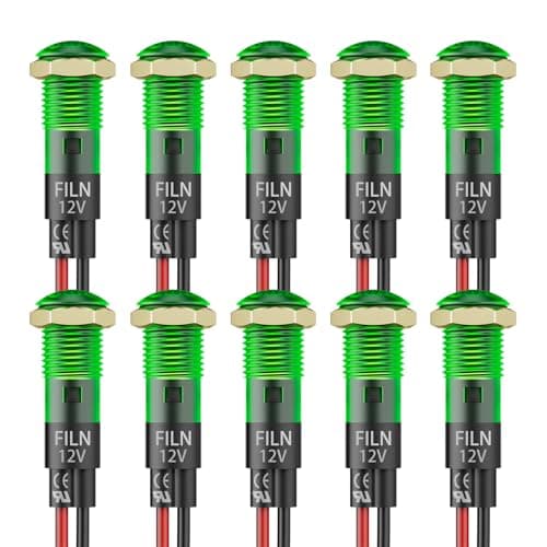 FILN 10PCS Small 12V LED Indicator Light, 8mm (5/16") IP67 Waterproof Low Power Pilot Lights Panel Mount for Car, Truck, Boat, Marine, Dash(12v-24v, Green)
