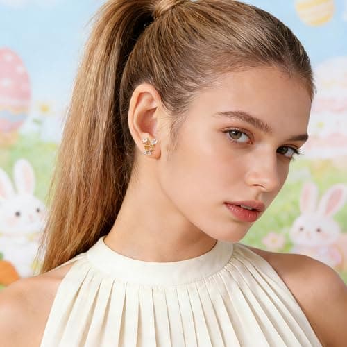 FILMOON 2 Pairs Easter Bunny Carrot Earring Set Cute Dainty Gold Plated Studs Lightweight Easter Rhinestone Jewelry - Thumbnail 3