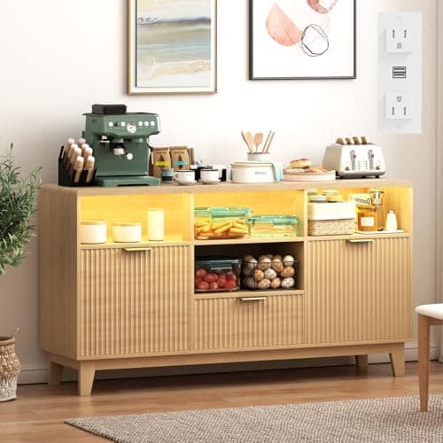 GlouMod 58" Coffee Bar Cabinet with Storage and Drawers, Large Sideboard Buffet Cabinet with Charging Station, Adjustable Lighting, 2 Doors and Open Shelves, Fluted Panel, Natural Oak