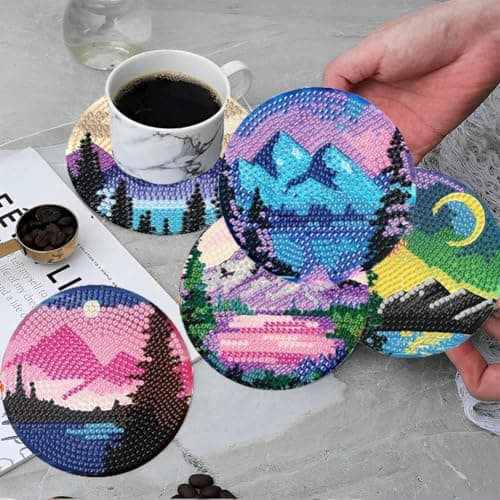 ijbnhd Sunsets Diamond Painting Coasters Kits, 8 Pieces Sunsets Diamond Art Coasters with Holder, DIY Art kit for Beginners 4X4inch (Cork Wooden Pad) - Thumbnail 4
