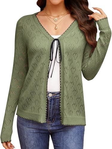 Biodeer Women's 2026 Knit Tie Front Cardigan Long Sleeve Hollow Out Lightweight Cropped Sweater for Dresses Green - Image 1