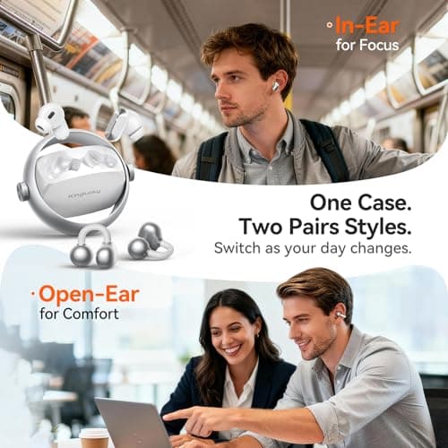 Kinglucky 2-in-1 Wireless Earbuds, in-Ear & Open Ear Clip-On Earbuds Comfortable fit, Bluetooth Headphones 5.4 with Noise Cancelling Mic, Power Swap Charging, Up to 50H, White - Thumbnail 2