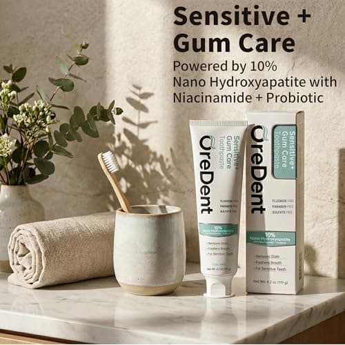 OreDent Fluoride Free 10% Nano Hydroxyapatite Sensitivity + Gum Care Toothpaste, Probiotic, Niacinamide, Sensitivity Relief, Xylitol, SLS Free, Cool Mint Flavor for Adults & Kids, 4.2 oz - Thumbnail 2