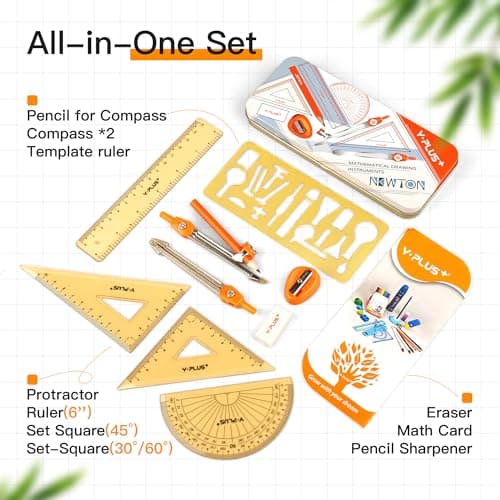 YPLUS Geometry Set for Students, Math Protractor Compass, Box of Protactors Kit for Class Supplies and School Kids Toddler - 11 Pcs - Thumbnail 2