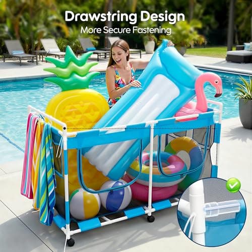 MUSCCCM Pool Float Storage Organizer 288 Gallon Pool Storage Bin - Easy Assembly Mesh Rolling Cart with Ample Space for Noodles,Water Sports Gear & Towels Outdoor Poolside & Lawn (62"x32"x35") - Thumbnail 4