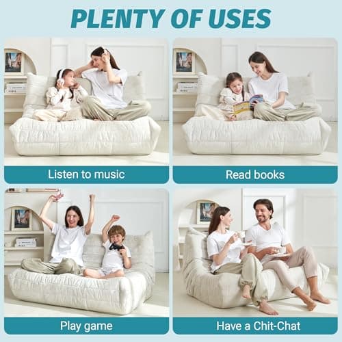 Homguava Bean Bag Chair, Giant Beanbag Chairs for Adults, Memory Foam Fireside Chair, Large Lazy Floor Sofa, Sofa Couch with High-Rebound Foam, Lounge Chair for Living Room, Bedroom (Beige, Loveseat) - Thumbnail 6