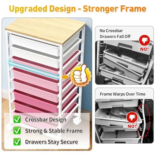 SUNALLY Rolling Storage Utility Cart With 8 Drawers, Storage Drawer Cart with Wooden Tabletop and 2 Lockable Wheels, 8 Tier Rolling Cart for Craft Art Supply Storage & Home Office Organization, Pink - Thumbnail 3