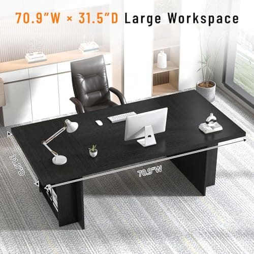 FOLUBAN 70" Black Computer Desk, Large Executive Desk for Home Office, Modern Wood Conference Table Workstation with Side Storage Shelves, Long Study Writing Gaming Table for 2 Person - Thumbnail 4