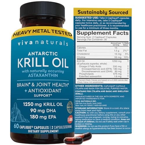 Viva Naturals Antarctic Krill Oil Omega 3 Supplements 1250 mg - DHA EPA Omega-3 & Astaxanthin Concentration for Joint Health, No Fish Burp - 60 Krill Oil Capsules