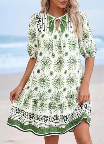 Okiwam Womens Summer Dresses 2026 Drawstring V Neck Lantern Short Sleeve Boho Floral Casual Babydoll Beach Vacation Sundress-XL Green Flower - Thumbnail 3