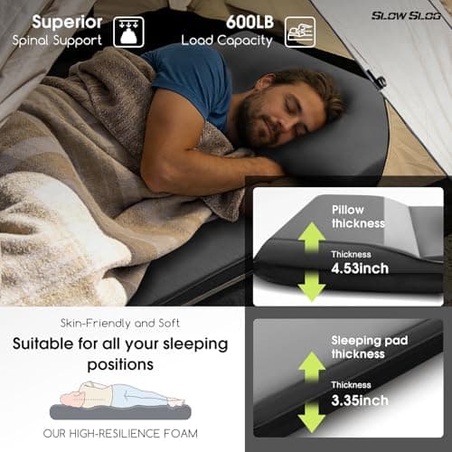 Slow Slog 4in Foam Camping Mattress with Built-in Pillow, Self-Inflating Single Sleeping Pad Includes Pump Sack, All-Season Portable Pad for Camping and Backpacking, Gray - Thumbnail 4