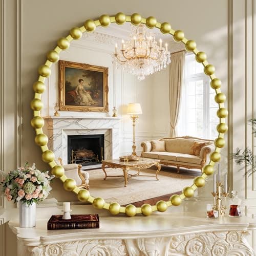 WISSMIELS Round Vanity Mirror for Wall, 36 Inch Beaded Frame Circle Mirror for Bathroom, Bedroom Dresser, Entryway, Living Room, Decorative Hanging Wall Mirror, Gold - Thumbnail 6