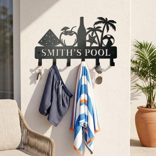 Metal Key Holder Wall Mount, Coastal Tropical Key Rack Hooks, Beach Pool Sunset Wall Art Organizer for Entryway, Kitchen, Hallway, Garage, Farmhouse Home Decor & Housewarming Gift (Pool Party) - Thumbnail 2