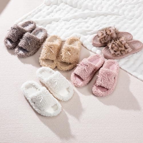 BOVTY Women's Fuzzy Open-toe Bowknot & Double-Strap Slippers, Memory Foam Non-Slip Indoor House Slides - Thumbnail 3