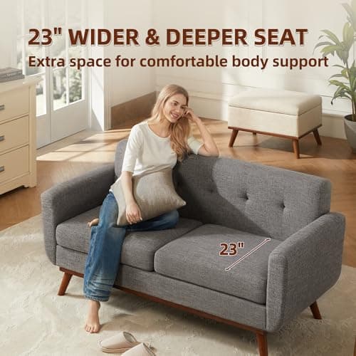 Kingfun 65.2" W Loveseat Sofa, Mid Century Modern Decor Love Seat Couches for Living Room, Button Tufted Upholstered Furniture, Solid & Easy to Install Small Couch for Bedroom Office Apartment, Grey - Thumbnail 5
