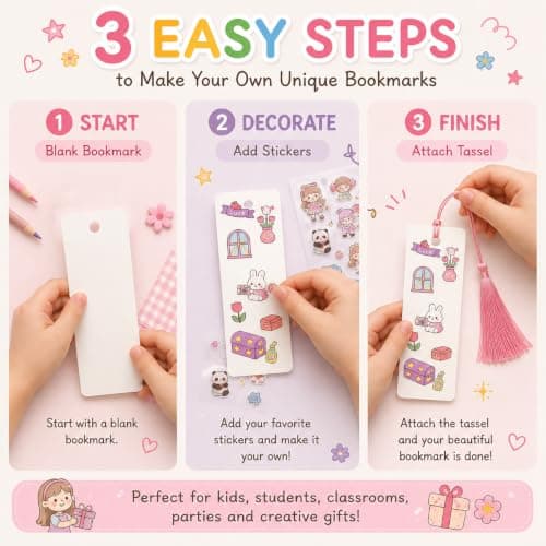 Bakayoyo 150 PCS DIY Bookmark Making Kit, 50 Blank Paper Bookmarks with 50 Tassels & 50 PET Stickers, 5.5×2 Inch Bulk Craft Supplies for Book Lovers, Classroom Projects, Gifts for Teachers & Students - Thumbnail 4