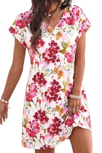 KIRUNDO Summer Dresses for Women 2026 Beach Sundress Spring Casual V Neck Boho Floral Vacation Outfits Cruise Resort Wear(White Red Flower, Medium) - Image 1