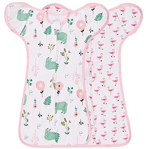 2 Pack Transition Swaddle with 2 Way Zipper, 2 in 1 Arms in/Out Transitional Arms Up Swaddle, 100% Cotton Newborn Swaddles Zipper Swaddles Baby Swaddling Sack Sleep Sack 0-3 Months, Flamingo & Bear - Image 1