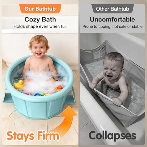 Baby Bathtub with Inflatable Top Edge, Extra Stable Infant Bath Tub, Collapsible & Portable for Baby Bath Time, No Tilt Design for 12M-6Y Toddler, No Assembly for Travel Shower - Thumbnail 2