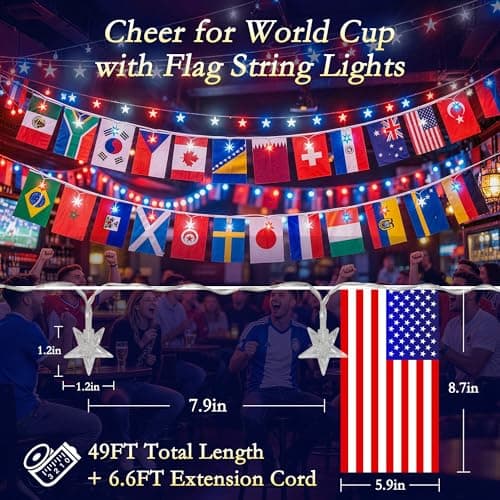 Soagrc 2026 World Cup String Lights Outdoor, 49FT 75 LED Red White Blue Stars Patriotic String Lights Indoor with 48 Country Flags USB Powered for World Cup Party, Independence Day, Sports Events, Bar - Thumbnail 3