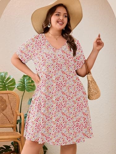AusLook Plus Size Midi Dress for Women Pink Clustered Blooms 2X Short Sleeve Loose V Neck Summer Casual A Line Knee Length Work Outfit T Shirt 2026 Sundresses with Pockets - Thumbnail 3