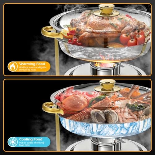 POWERFUEL Chafing Dishes for Buffet 4 Pack, 6QT Round Chafing Dish Buffet Set for Parties, Gold Stainless Steel Buffet Servers and Warmers with 4 Serving Tongs, Food Warmers for Christmas Gatherings - Thumbnail 2