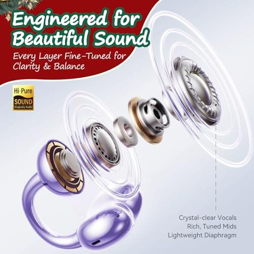 Kinglucky Open-Ear Clip-On Earbuds for Women with Detachable Holiday Bows, All-Day Comfort, Secure Fit, Lightweight Bluetooth 5.4 Wireless Earbuds 50H Playtime, Gift for Her, Clear Calls, Purple - Thumbnail 5