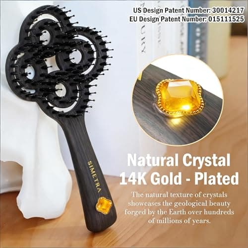 Simetra Detangler Hair Brush for Women and Men, Holiday Present - Original Detangling Brush for Curly Hair/Wet & Dry Hair, Natural Boar Bristles Hairbrush - Natural Crystal Inlay & 14K Gold Plating - Thumbnail 2