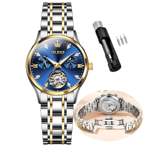OLEVS Automatic Watches for Women Blue Face Elegant Self Winding Womens Watch Moon Phase Stainless Steel Waterproof Watch Luminous Mechanical Ladies Watches - Image 1