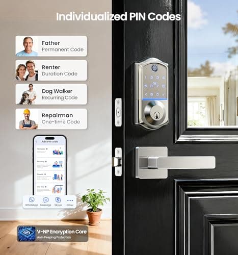 Veise VE017-B Fingerprint Smart Lock for Front Door, App Control, 8-in-1 Keyless Entry Deadbolt with 2 Zinc Alloy Lever Handles Set, Emergency Power Port, Auto Lock, Electronic Keypad, Satin Nickel - Thumbnail 4