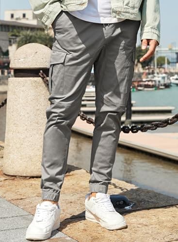 JMIERR Mens Fashion Cargo Pants - Casual Cotton Tapered Stretch Twill Chino Athletic Joggers Sweatpants Workout Trousers Travel Pants with Pockets for Men, US 38(XL), A Grey 2 - Thumbnail 3