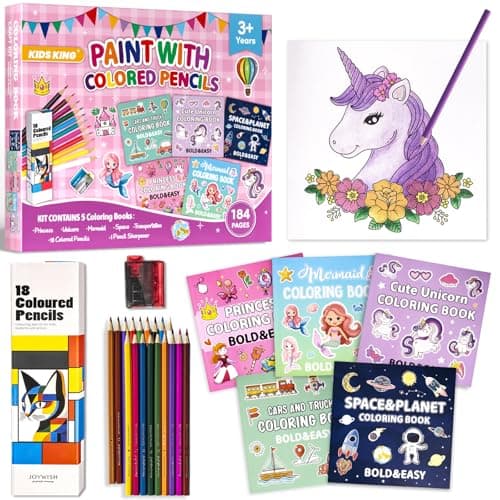 KIDS KING Coloring Book Kit, 5 Themes: Princess | Unicorn | Mermaid | Space | Transportation, Contains Colored Pencils Cute Styles for Painting, Arts & Crafts for Adult and Teens - Image 1