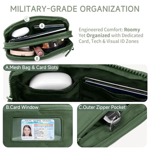 NBERMOTION Checkered Nylon Wristlet Wallets for Women RFID Blocking Purse With Credit Card Holder & Crossbody Strap(Pea Green2) - Thumbnail 4