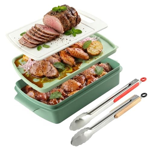 Sunmei Grill Prep and Serving Trays, 3-in-1 Stackable BBQ Food Tray, 5PCS BBQ Serving Set with Marinating Container, Serving Platter, Cutting Board and 2PCS Colored 12-Inch Grill Tongs (Green) - Image 1