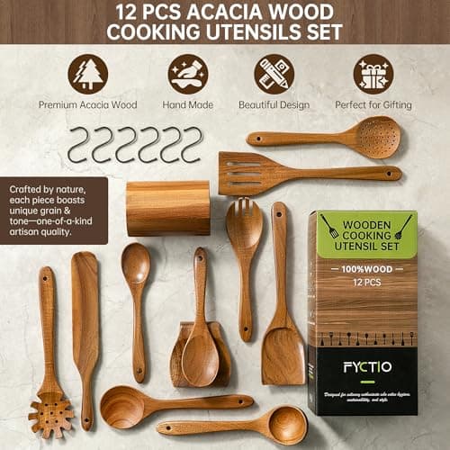 FYCTIO Wooden Utensil Set 12 PCS - Natural Non-Toxic Acacia Wooden Spoons for Cooking, Nonstick, Sturdy, Easy to Clean, Wood Kitchen Utensils Set with Holder, Spoon Rest & 6 Hooks, Ideal for Gifting - Thumbnail 2