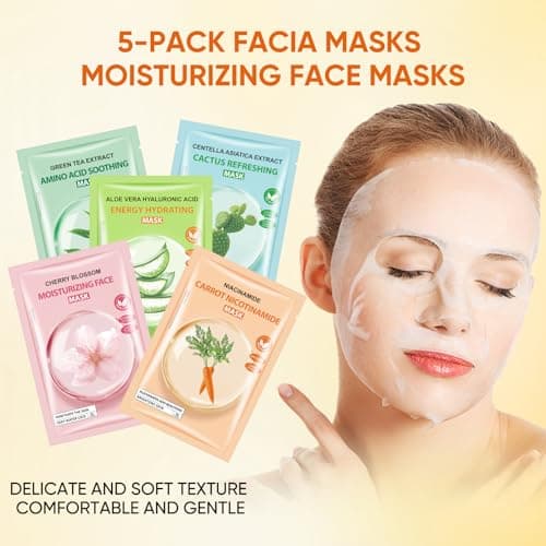 Sheets Face Masks Skincare for All Skin Types, Hydrating Facial Sheets Mask for Firming, Sheet Mask with Cherry Blossom Cactus Aloe Vera Facial Sheet For Moisturizing, Soothing, Face Mask for Women - Thumbnail 2